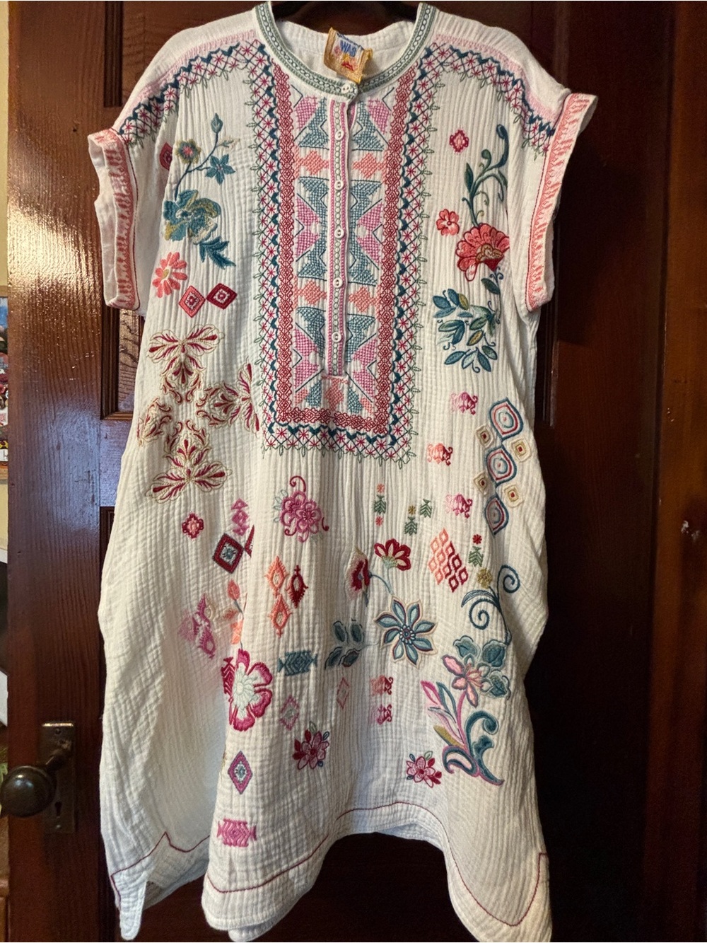 Johnny Was White Embroidered Beach Coverup with Pink, Teal & Blue Accents